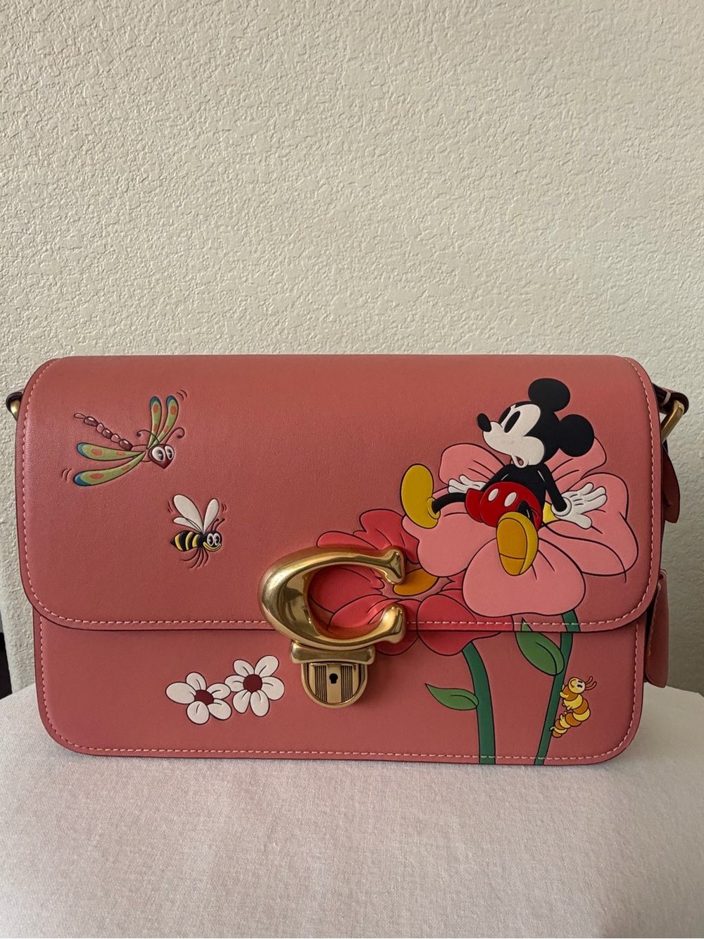 Coach Pink Mickey Floral Leather Crossbody with Gold-Tone Hardware